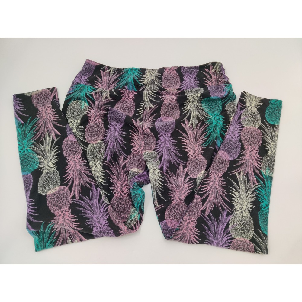 Lularoe Pineapple Print Leggings Black Purple Teal‎ Women's Size TC2 (18-24)